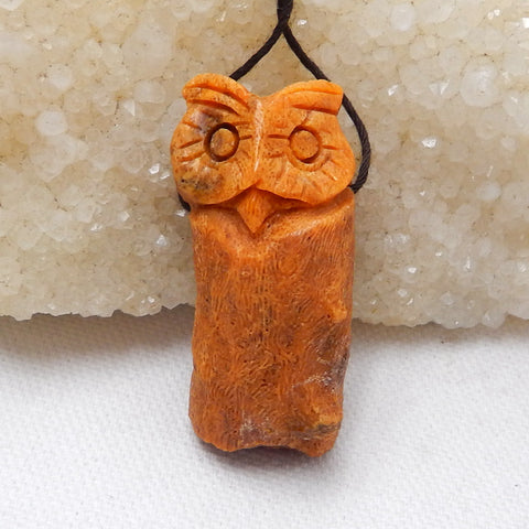 New, Carved Orange Fossil Coral Owl Pendant Bead, 44x19x15mm, 16.5g - MyGemGarden