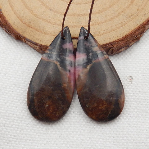 Rhodonite Gemstone Teardrop Earrings Stone Pair, 33x15x4mm, 8.0g