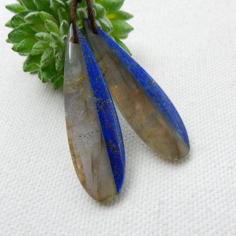 Nautual Labradorite Lapis Lazuli Glued Earrings Pair, 42x12x4mm, 7.7g - MyGemGarden