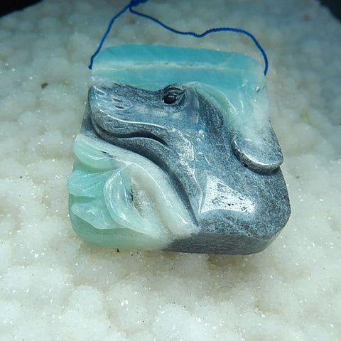 Natural Carved Amazonite dog Pendant, 55x42x9mm, 43.1g - MyGemGarden