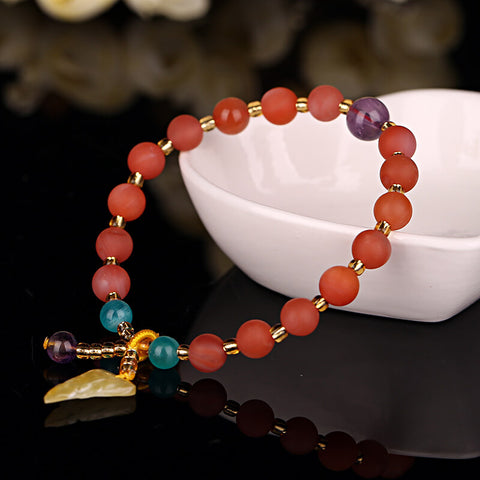 Natural 7mm Frosted straw berry quartz and amber leaf beaded Elastic bracelet, 10.8g - MyGemGarden