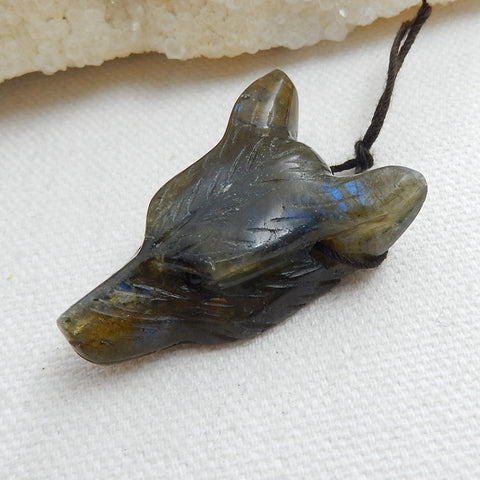 Handmade Labradorite Carved Wolf Head Pendant Bead, 38x26x12mm, 14g - MyGemGarden