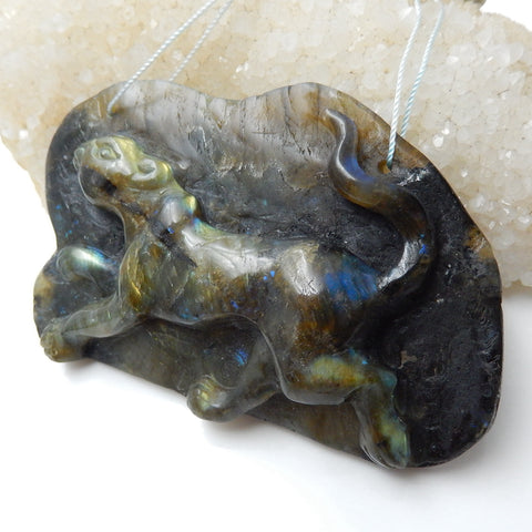 Shimmer Labradorite Detailly Hand-Carved leopard Gemstone Pendant, 85x55x10mm, 63.8g - MyGemGarden