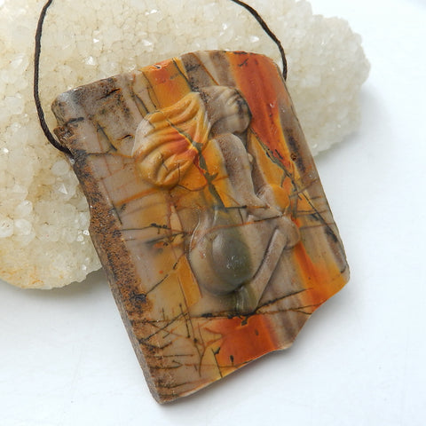 Gorgeous Pendant, Carved Multi-Color Picasso Jasper Gemstone Pendant, Sexy Lady, Carving Collection, 51x51x11mm, 57.4g - MyGemGarden