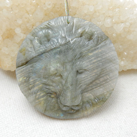 Handmade Carved Lion head Labradorite Gemstone Pendant, 55x7mm, 36.9g - MyGemGarden