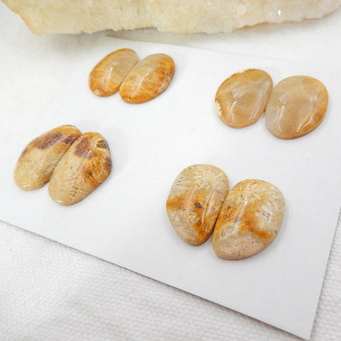 Sale 4 Pairs Indonesian Fossil Coral Gemstone Cabochons, 20x14x6mm, 22x15x5mm, 20.6g - MyGemGarden