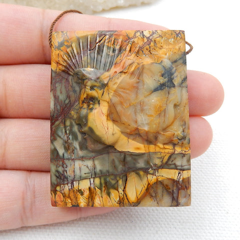 New, Carved Gemstone Multi-Color Picasso jasper Pendant , 46x36x13mm, 45.6g - MyGemGarden