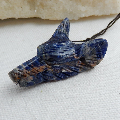 Handmade African Sodalite Carved Wolf Head Pendant Bead, 46x29x15mm, 17.5g - MyGemGarden