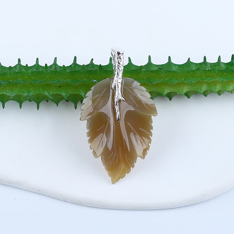 Natural Agate Carved Leaf Pendant with 925 Sterling Silver 47x26x6mm, 8.2g