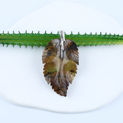 Natural Yellow Opal Carved leaf Pendant with 925 Sterling Silver Accessory 67x37x6mm, 15.6g