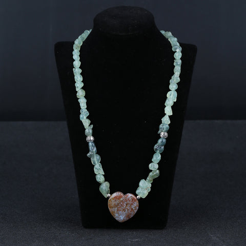 Natural Prehnite With Silver Beads Gemstone Necklace, Ocean Jasper Heart Shape Pendant, Handmade Jewelry, 1 Strand, 24 inch, 73g