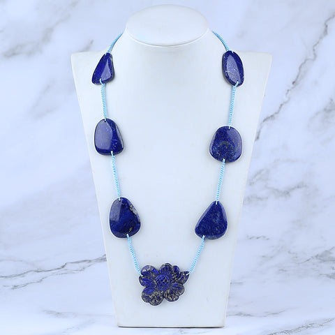 1 Strand Lapis Lazuli Gemstone Necklace, Flower Gemstone Pendant Necklace, Adjustable Necklace, 20-30 inch, 61g