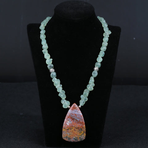 Natural Prehnite With Silver Beads Gemstone Necklace, Ocean Jasper Pendant, Handmade Jewelry, 1 Strand, 24 inch, 92g