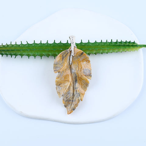 Natural Crazy Lace Agate Carved leaf Pendant with 925 Sterling Silver Accessory 77x37x6mm, 16.9g