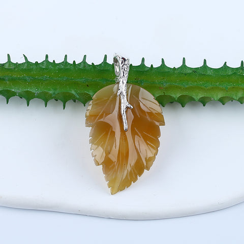 Natural Agate Carved Leaf Pendant with 925 Sterling Silver Pinch Bail 47x26x6mm, 7.8g