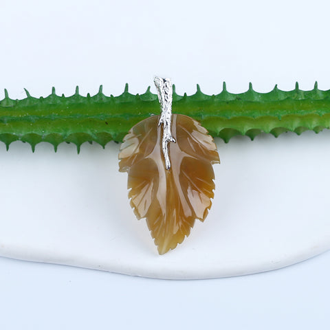 Natural Agate Carved Leaf Pendant with 925 Sterling Silver Accessory 47x27x6mm, 8.4g