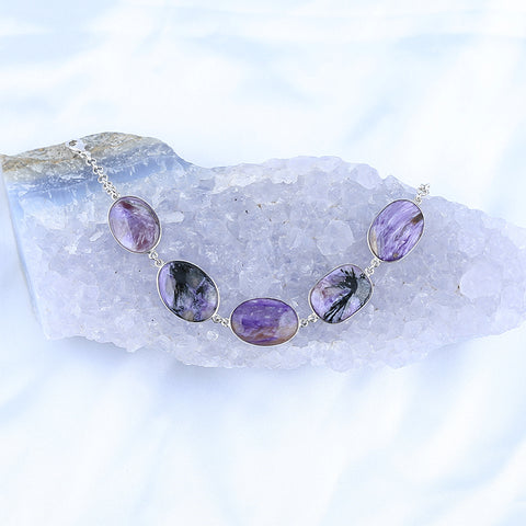 Natural Charoite Gemstone Bracelet with Adjustable 925 Sterling Silver Accessory 7 Inches, 18x13x3mm, 16x12x3mm, 10g