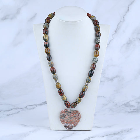 Natural Ocean Jasper Gemstone With Silver Beads Necklace, Heart Shape Pendant, Handmade Jewelry, 1 Strand, 24 inch, 121g