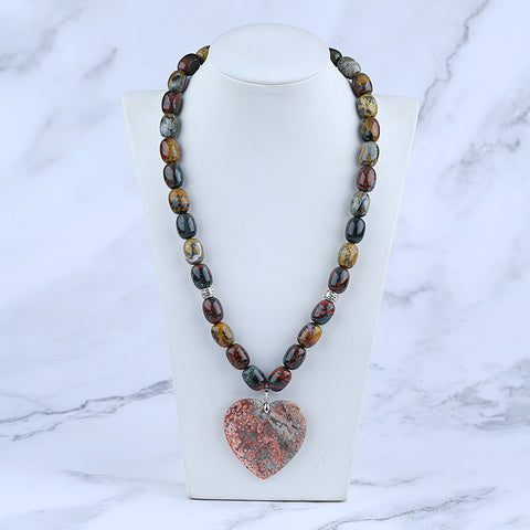 Natural Ocean Jasper Gemstone With Silver Beads Necklace, Heart Shape Pendant, Handmade Jewelry, 1 Strand, 24 inch, 115g