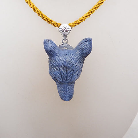 Natural Blue Coral Carved wolf head Pendant with 925 Sterling Silver 41x31x15mm, 20.4g