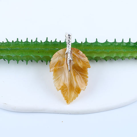 Natural Yellow Jade Carved leaf Pendant with 925 Sterling Silver Accessory 47x27x6mm, 8.2g