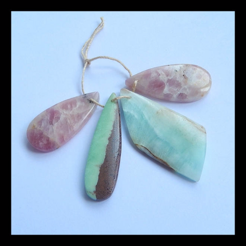 4 Pcs Pendant Bead Set, Pink Tourmaline, Chrysoprase, Hemimorphite Gemstone, 40x19x4mm, 30x15x5mm, 14.5g - MyGemGarden