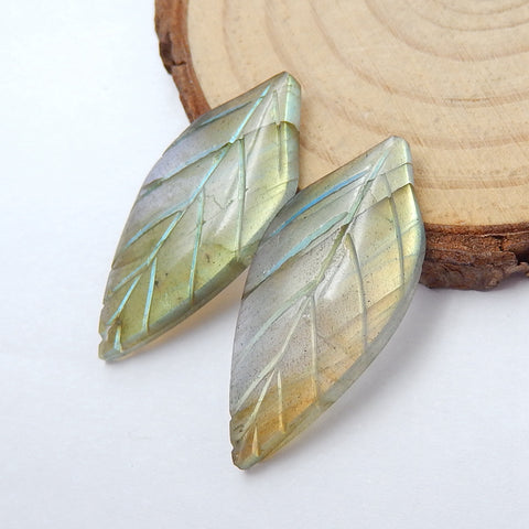 Hand Carved Natural Labradorite Leaf Gemstone Cabochon Pair, 30x13x4mm, 4.6g - MyGemGarden