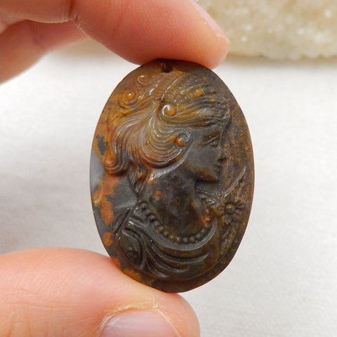 Handmade Ocean Jasper Carving Woman Head Gemstone Pendant Bead, 31x21x8mm, 9.4g - MyGemGarden