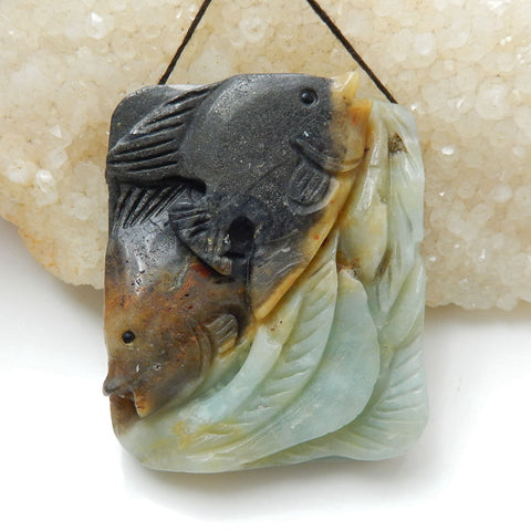 Unique Amazonite Carved angel fish Gemstone Fashion Gemstone Pendant, 51x42x10mm, 44.6g - MyGemGarden