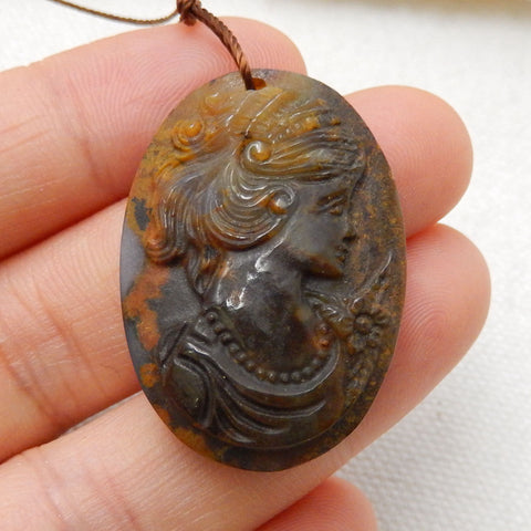 Handmade Ocean Jasper Carving Woman Head Gemstone Pendant Bead, 31x21x8mm, 9.4g - MyGemGarden