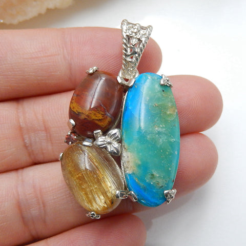 Sterling Silver 925 With Blue opal, Wood Fossil, Gold Rutilated Quartz Intarsia Gemstone Pendant, Gorgeous Pendant, 30x24x10mm, 10.8g - MyGemGarden