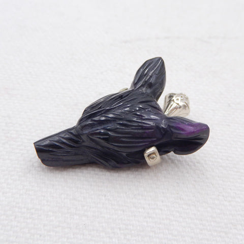 Pendentif collier tête de loup sculpté en obsidienne, bélière en argent sterling 925, 28 x 19 x 9 mm, 7,4 g