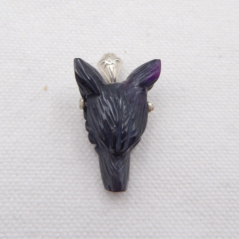 Pendentif collier tête de loup sculpté en obsidienne, bélière en argent sterling 925, 28 x 19 x 9 mm, 7,4 g