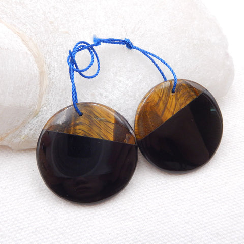 Oeil de Tigre Naturel, Obsidienne, Paire de Boucles d'Oreilles Collées, 30x4mm, 12.3g