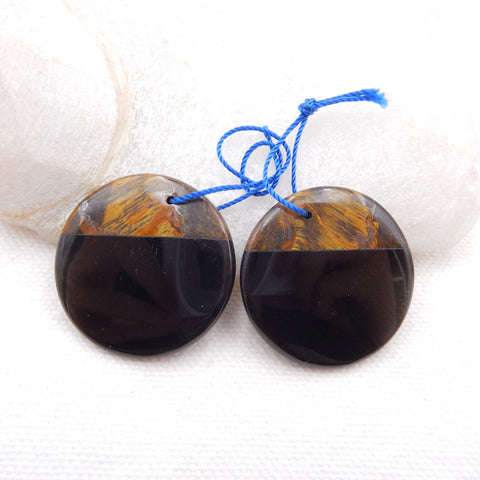 Oeil de Tigre Naturel, Obsidienne, Paire de Boucles d'Oreilles Collées, 30x4mm, 12.3g