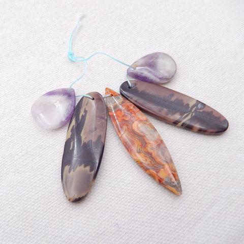 5 PCS Natural Crazy Lace Agate, Chohua Jasper And Amethyst Pendant Beads,49x13x4mm, 21x15x5mm, 16.7g