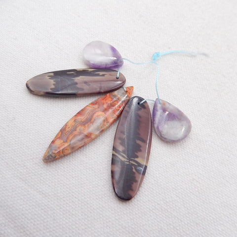 5 PCS Natural Crazy Lace Agate, Chohua Jasper And Amethyst Pendant Beads,49x13x4mm, 21x15x5mm, 16.7g