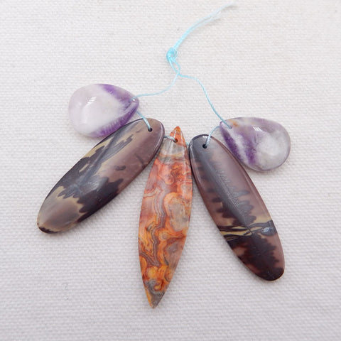 5 PCS Natural Crazy Lace Agate, Chohua Jasper And Amethyst Pendant Beads,49x13x4mm, 21x15x5mm, 16.7g