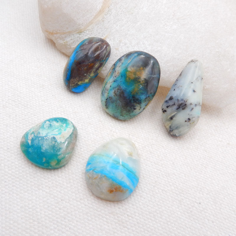 5 pcs Natural Blue Opal Cabochons 19x18x6mm, 27x20x7mm, 16.5g