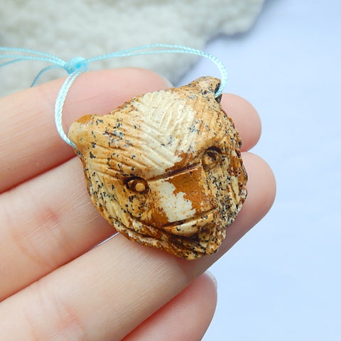 Picture Jasper carved bear head Pendant Bead, 29x28x11mm, 10.3g - MyGemGarden