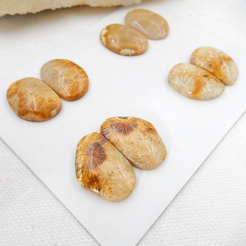 Sale 4 Pairs Indonesian Fossil Coral Gemstone Cabochons, 20x14x6mm, 22x15x5mm, 20.6g - MyGemGarden