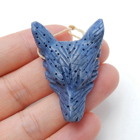 Handmade blue coral Carved Wolf Head Pendant Bead, 38x27x12mm, 10.5g - MyGemGarden