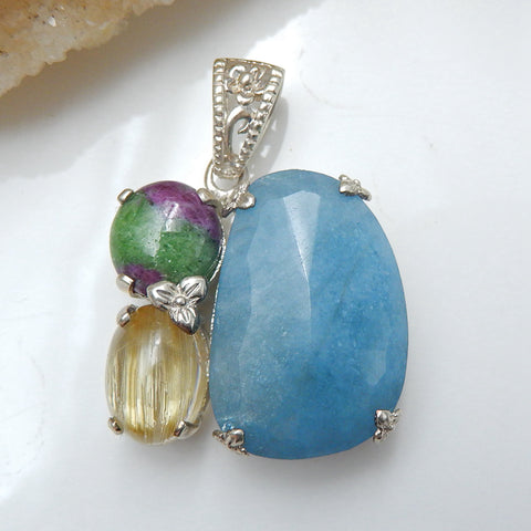 Sterling Silver 925 With Ruby And Zoisite, Blue Aquamarine, Gold Rutilated Quartz Intarsia Gemstone Pendant, Gorgeous Pendant, 27x26x11mm, 16.6g - MyGemGarden