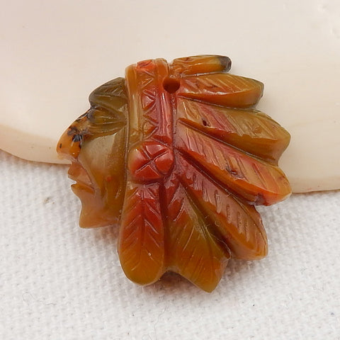 Handmade Warring States Red Agate Carved Indian Head Pendant, 25x25x7mm, 6.0g - MyGemGarden