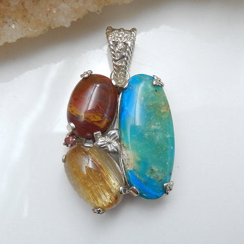 Sterling Silver 925 With Blue opal, Wood Fossil, Gold Rutilated Quartz Intarsia Gemstone Pendant, Gorgeous Pendant, 30x24x10mm, 10.8g - MyGemGarden