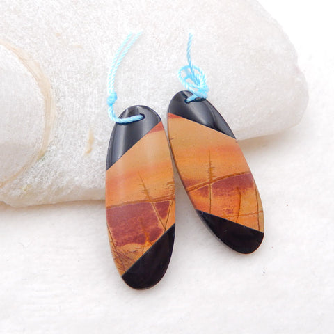 Paire de boucles d'oreilles en pierres précieuses collées rondes en jaspe et obsidienne Red Creek, 40x15x5 mm, 9,1 g