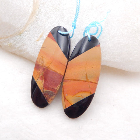 Paire de boucles d'oreilles en pierres précieuses collées rondes en jaspe et obsidienne Red Creek, 40x15x5 mm, 9,1 g