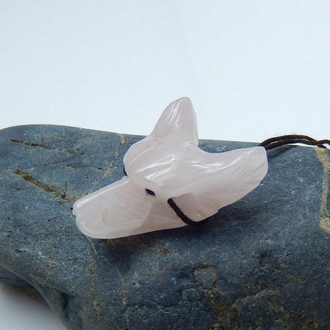 Rose Quartz Carved Wolf Head Pendant Bead, 31x23x13mm, 8.5g - MyGemGarden