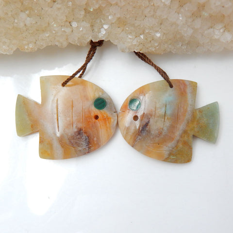 Carved Amazonite Gemstone Fish Earrings Pair, Malachite Eye, 29x24x5mm, 9.4g - MyGemGarden