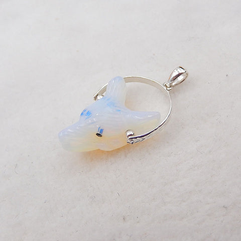 Opalite Carved wolf head Pendant with 925 Sterling Silver 21x12x9mm, 4.2g